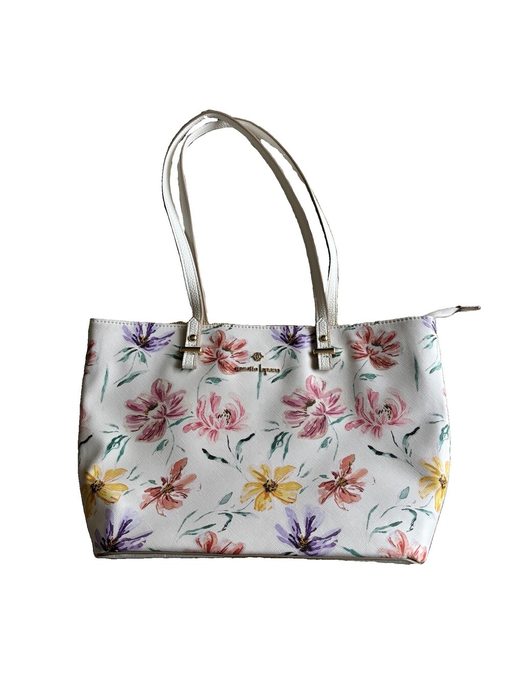 Nanette Lepore White Floral Shoulder Bag Zip Lined Pockets Tan Interior
